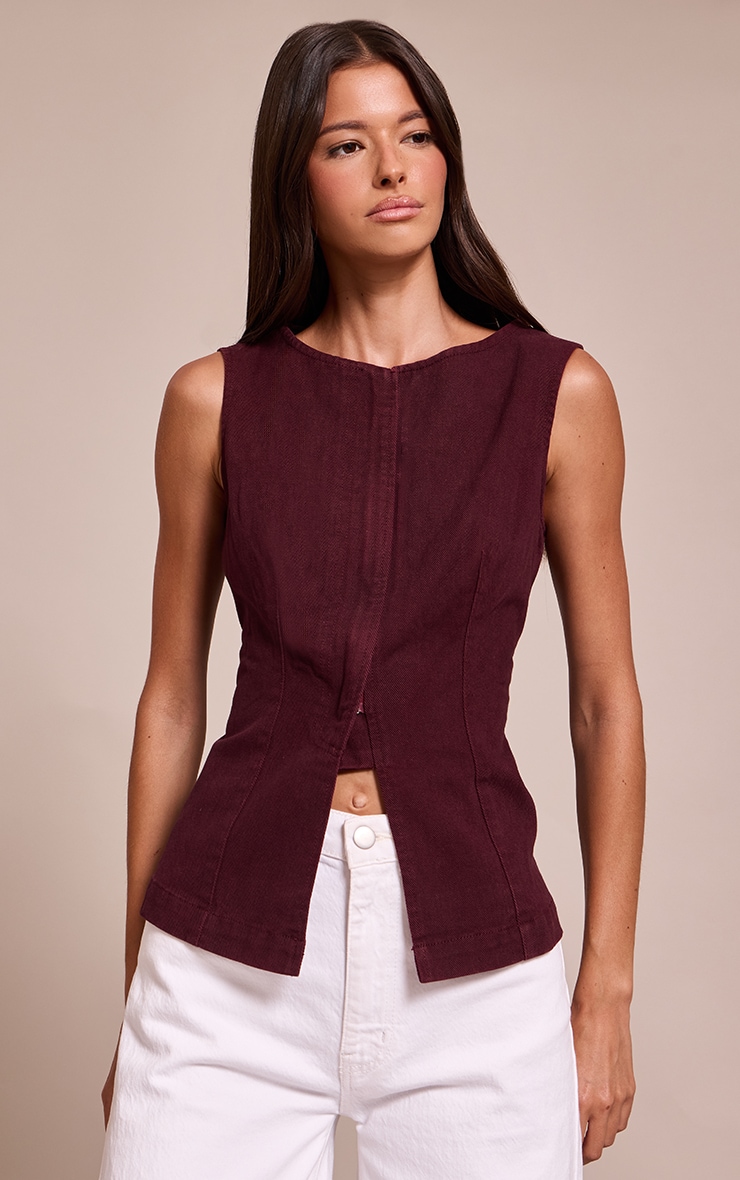Dark Burgundy Sleeveless Zip Up Denim Top Dark Burgundy Sleeveless Zip Up Denim Top