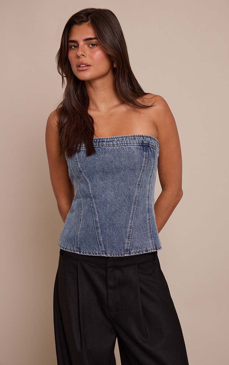 Mid Blue Strapless Bustier Information Jeans Bodice Top Mid Blue Strapless Bustier Information Jeans Bodice Top