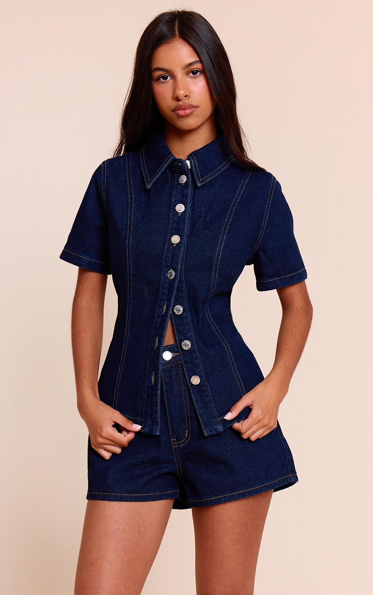 Petite Indigo Denim Button Up Short Sleeve Shirt Petite Indigo Denim Button Up Short Sleeve Shirt