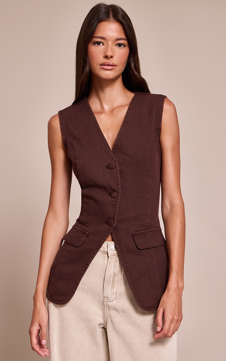 Chocolate Tailored Style Longline Denim Waistcoat Chocolate Tailored Style Longline Denim Waistcoat