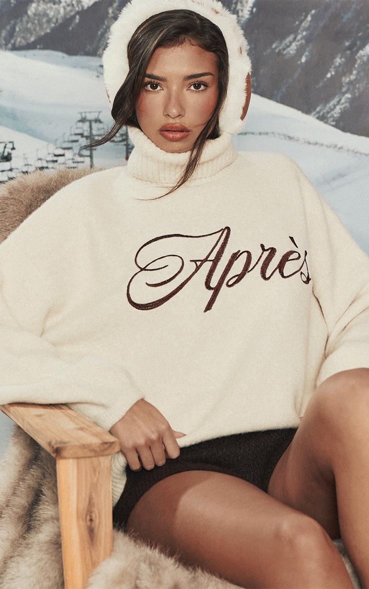 Cream Apres Slogan Roll Neck Knitted Jumper Cream Apres Slogan Roll Neck Knitted Jumper